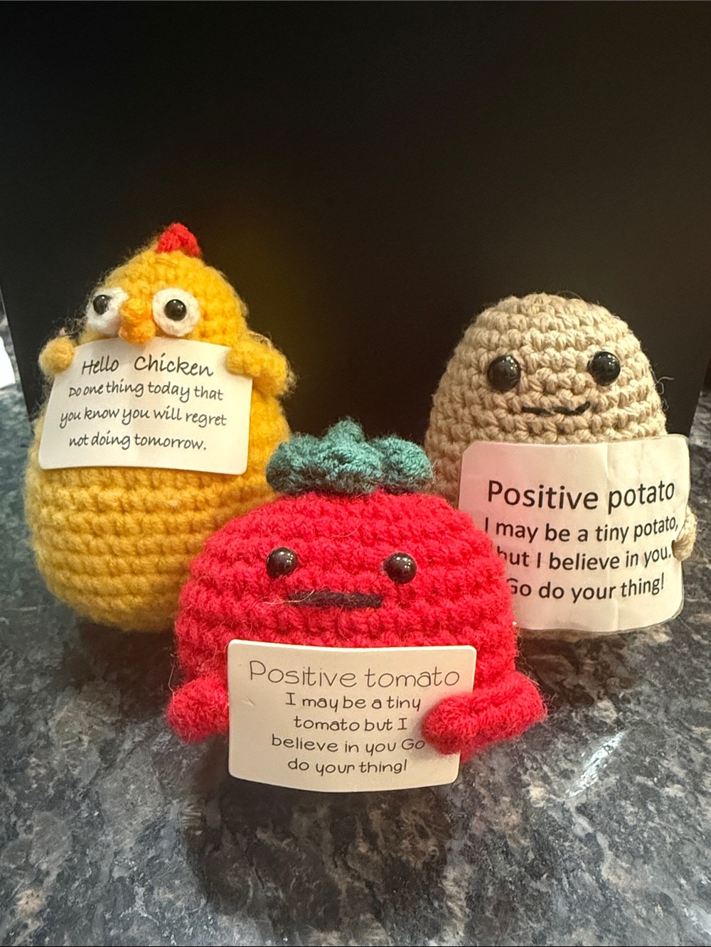 Handmade Crochet Trio — Yellow Chicken, Red Tomato, Tan Potato